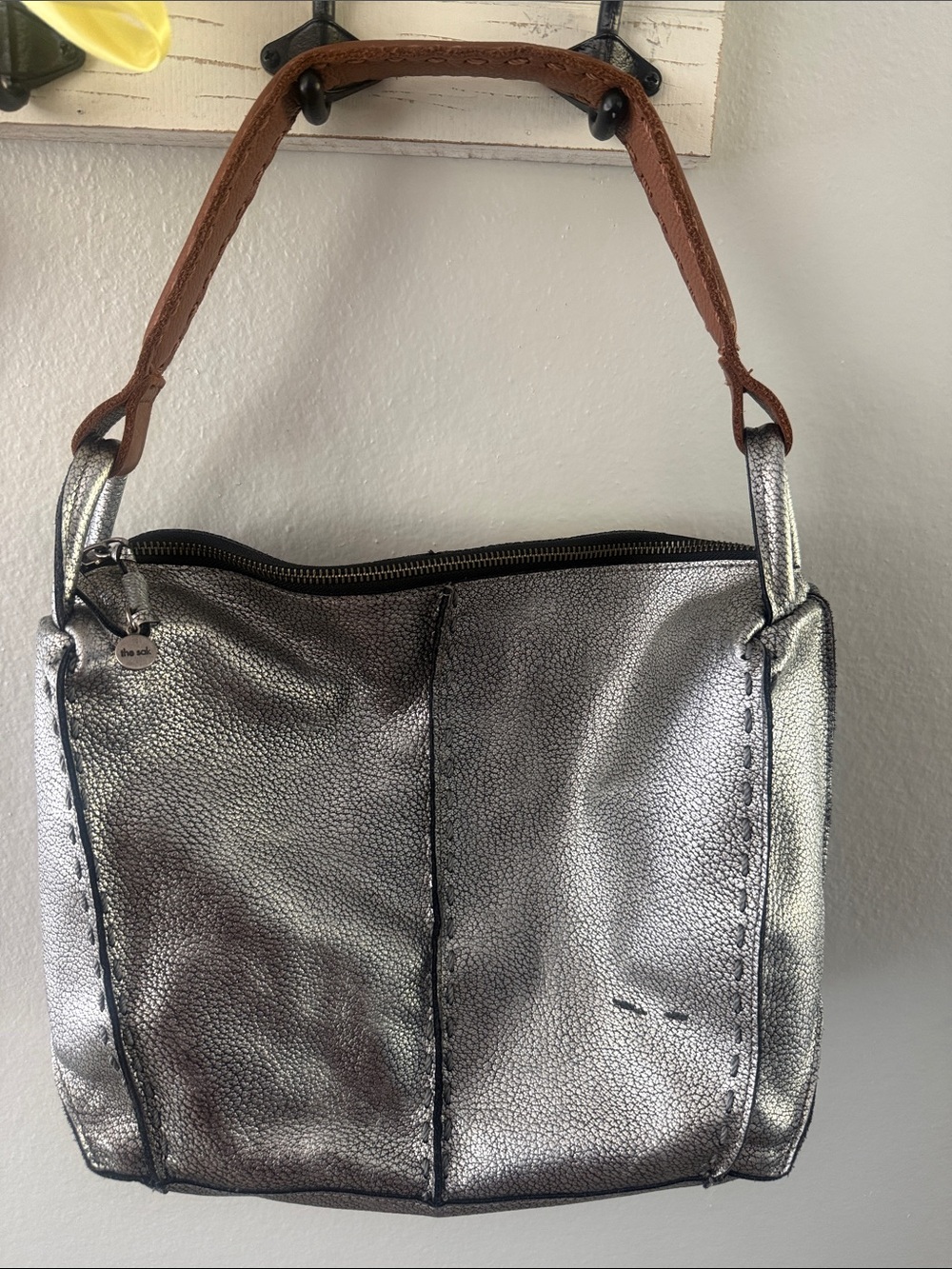 The Sak Metallic Silver Shoulder Bag with Brown Handle
